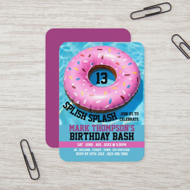 Pink Doughnut, Pool Party Birthday Handout Tickets (Front/Back In Situ)