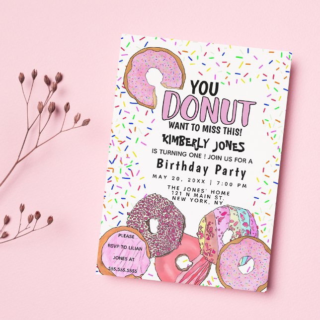 Pink Doughnut Sprinkle Confetti Birthday Party Invitation (Pink Donut Sprinkle Confetti Birthday Party )
