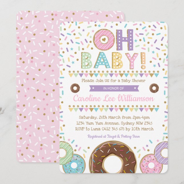Pink Doughnut Sprinkles Girl Baby Shower Invitation (Front/Back)