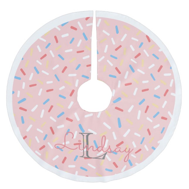 Pink Doughnut Sprinkles girls christmas monogramme Brushed Polyester Tree Skirt (Front)