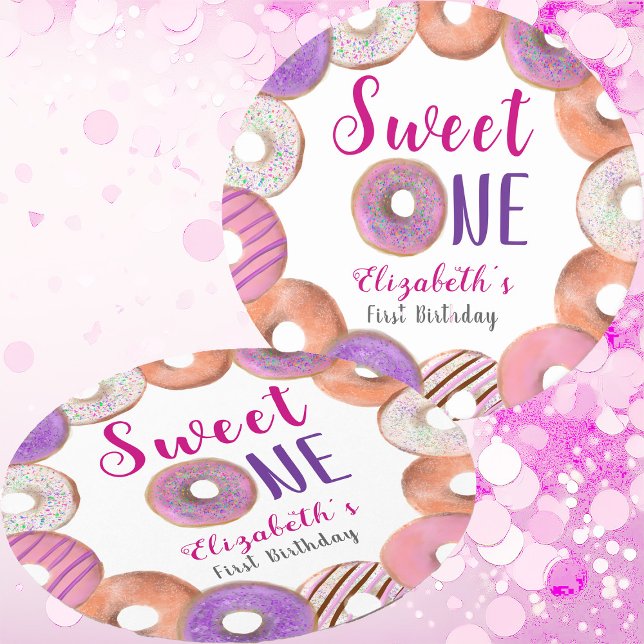 Pink Doughnut Sweet One First Birthday Custom Round Paper Coaster (Creator Uploaded)