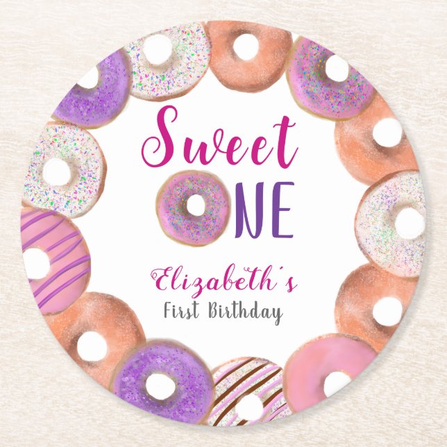 Pink Doughnut Sweet One First Birthday Custom Round Paper Coaster (Front)
