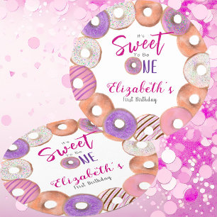 Pink Doughnut Sweet To Be One First Birthday Custo Round Paper Coaster