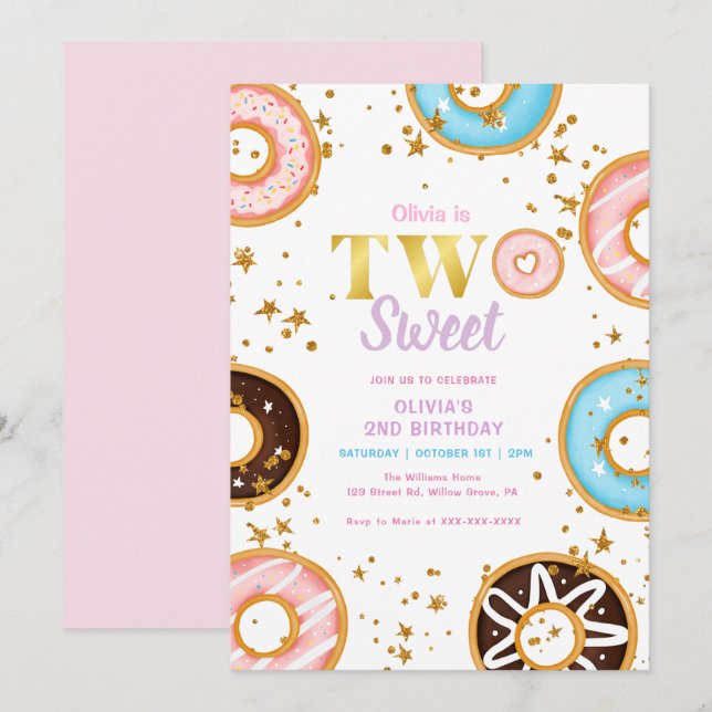 Pink Doughnut Two Sweet 2nd Birthday Invitation (Front/Back)