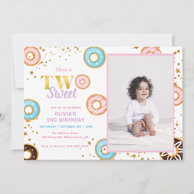 Pink Doughnut Two Sweet 2nd Birthday Invitation (Front)
