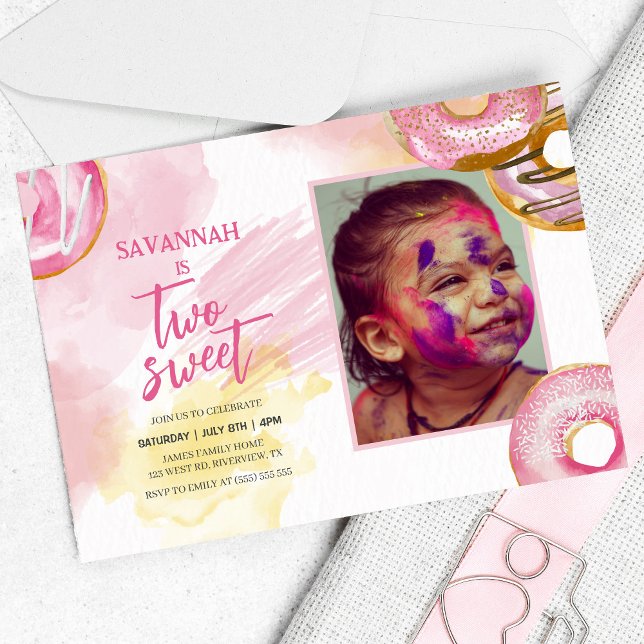 Pink Doughnut Two Sweet Photo 2nd Birthday Invitation (Creator Uploaded)