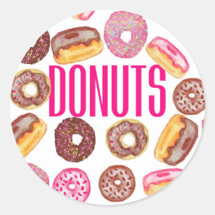 Pink Doughnut Typography and Watercolor Cute Dough Classic Round Sticker