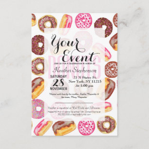 Pink Doughnut Typography and Watercolor Cute Dough Invitation