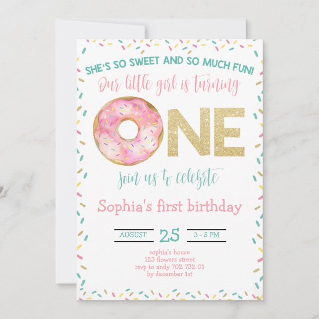 Pink Doughnut Watercolor Girl 1st Birthday Invitation (Front)