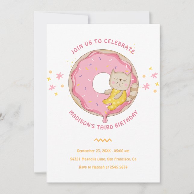 Pink Doughnut With Cat Birthday Invitation (Front)