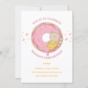 Pink Doughnut With Cat Birthday Invitation