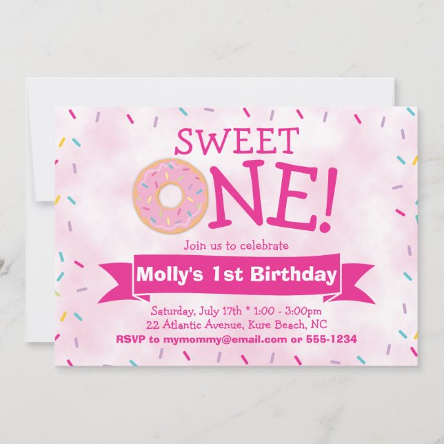 Pink Doughnut with Sprinkles Party Girl 1st Birthd Invitation (Front)