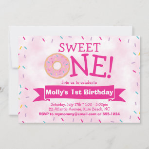 Pink Doughnut with Sprinkles Party Girl 1st Birthd Invitation