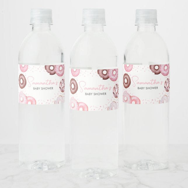 Pink Doughnuts and Diapers Baby Shower Water Bottle Label (Bottles)
