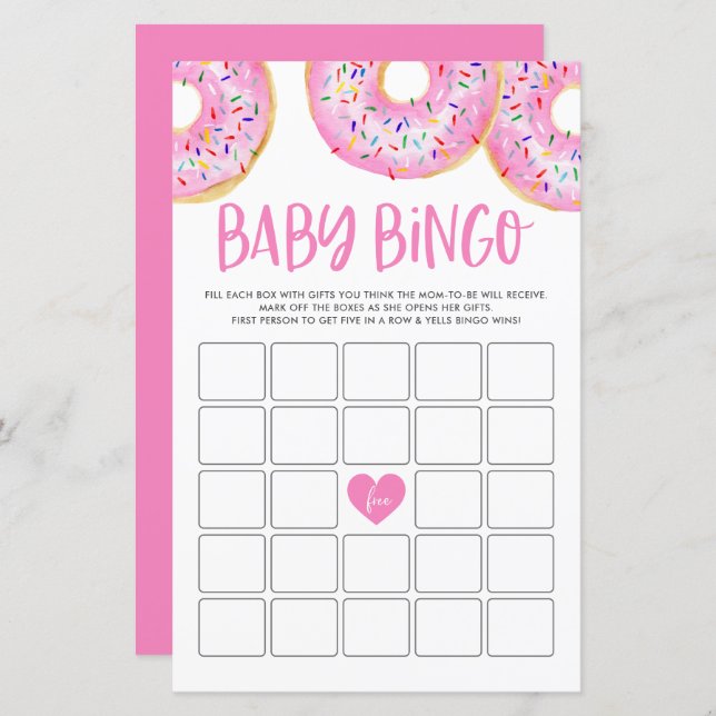 Pink Doughnuts Baby Shower Bingo Game Card (Front/Back)