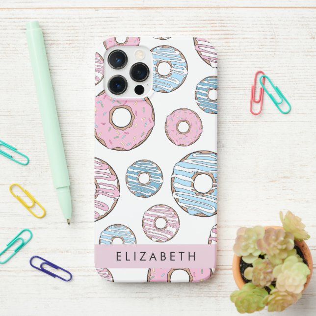 Pink Doughnuts, Blue Doughnuts, Sprinkles, Your Na iPhone Case (On Desk)