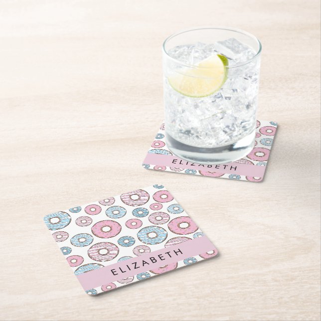 Pink Doughnuts, Blue Doughnuts, Sprinkles, Your Na Square Paper Coaster (Insitu)