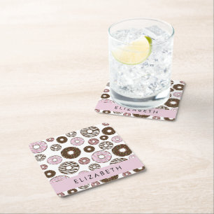 Pink Doughnuts, Brown Doughnuts, Sprinkles, Your N Square Paper Coaster