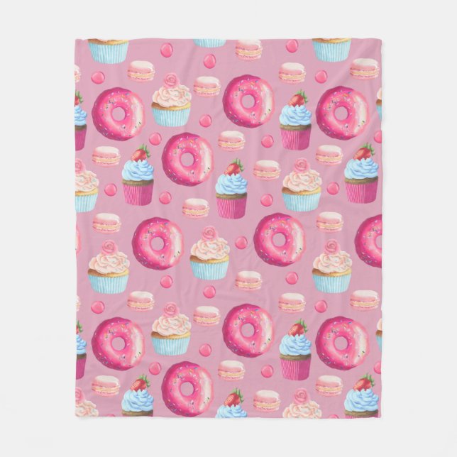 Pink Doughnuts, Cupcakes, and Candies Fleece Blanket (Front)
