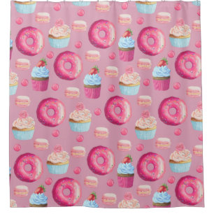 Pink Doughnuts, Cupcakes, and Candies Shower Curtain