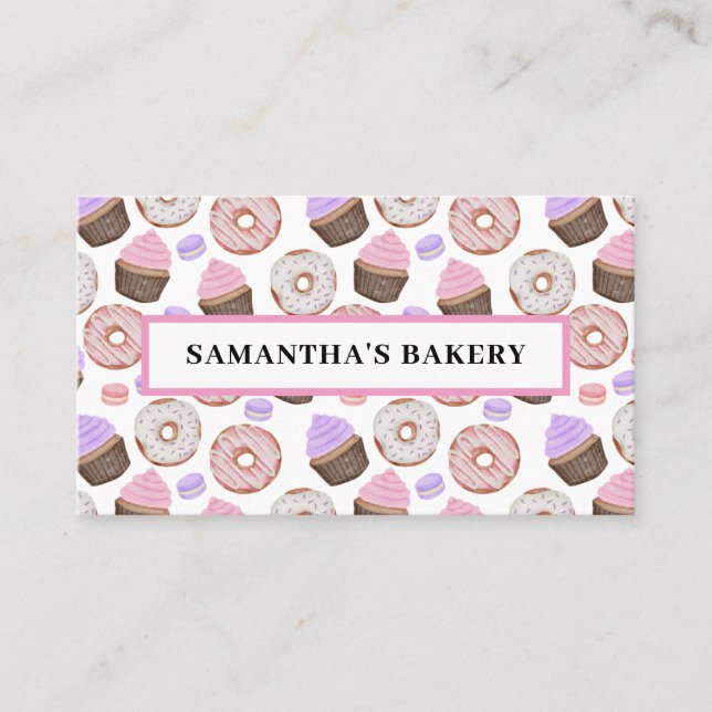 Pink Doughnuts Cupcakes Watercolor Bakery  Business Card (Front)