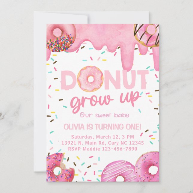 Pink doughnuts doughnut grow up gir invitation. invitation (Front)