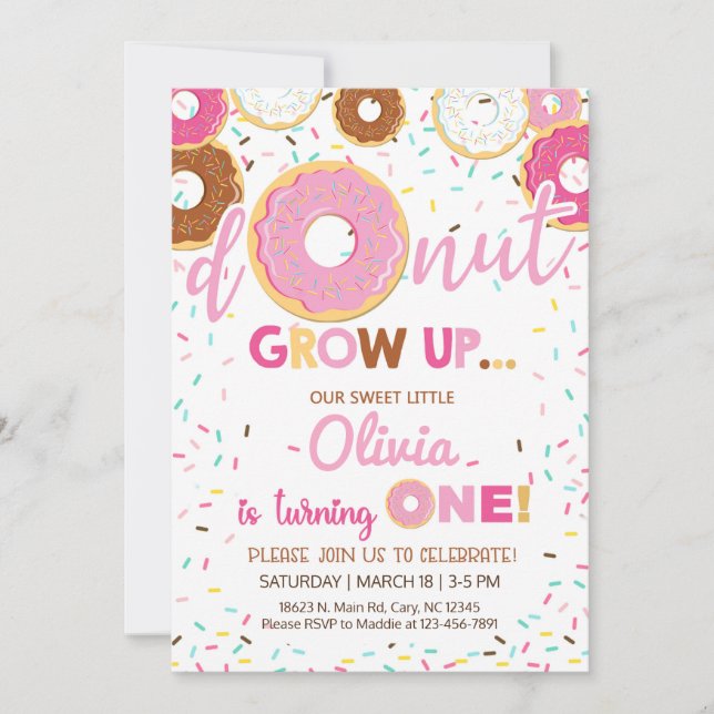 Pink doughnuts girl birthday invitation, invite. invitation (Front)
