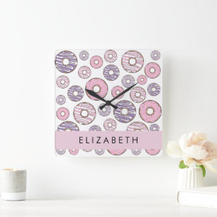 Pink Doughnuts, Purple Doughnuts, Sprinkles, Your Square Wall Clock