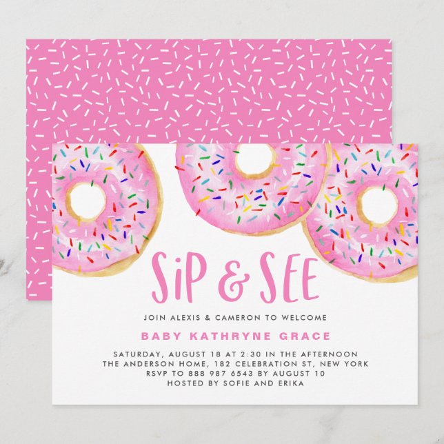 Pink Doughnuts Sprinkles Baby Shower Sip and See Invitation (Front/Back)