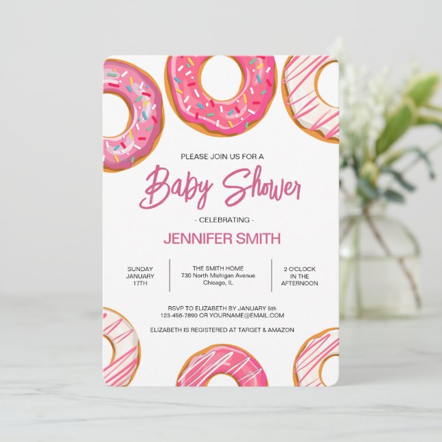Pink Doughnuts Sprinkles Girl Baby Shower Invitation (Standing Front)