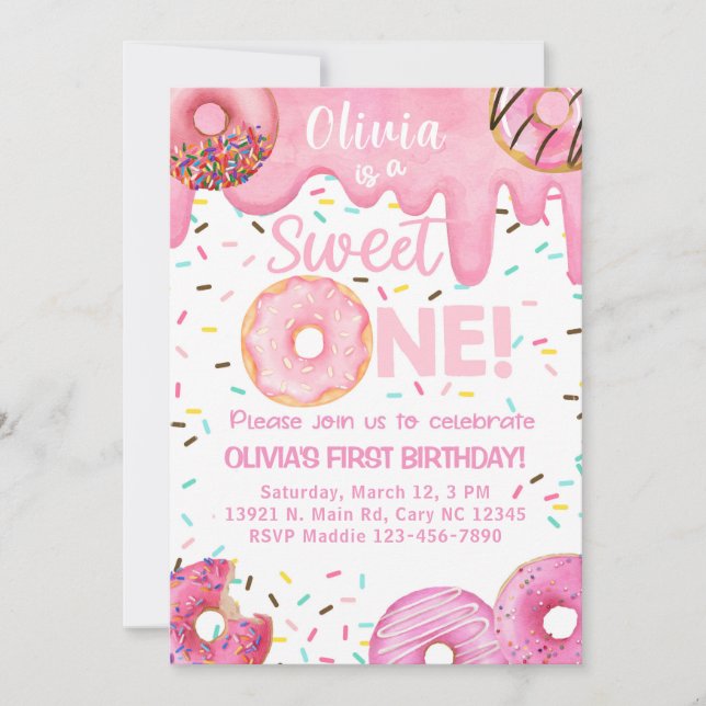 Pink doughnuts sweet one girl birthday invite. invitation (Front)