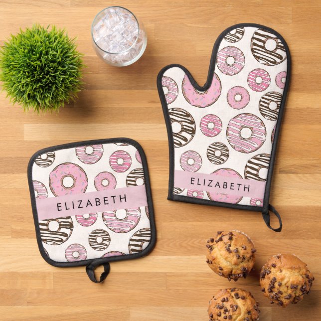 Pink Doughnuts, White Doughnuts, Sprinkles, Your N Oven Mitt & Pot Holder Set (Top Down)