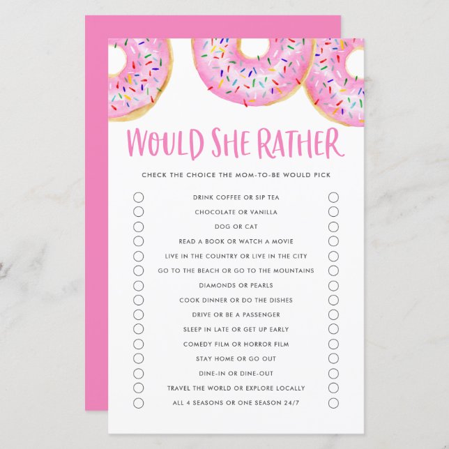 Pink Doughnuts Would She Rather Baby Shower Game (Front/Back)