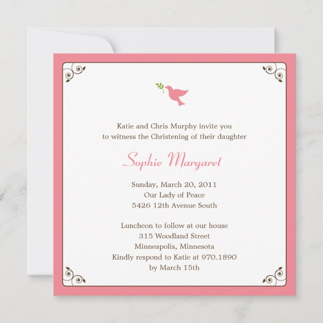 Pink Dove Baptism/Christening Invitation (Front)