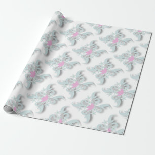 Pink Dove with Silver Flowers and Fronds Wrapping Paper
