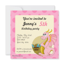 Pink dragon cartoon birthday print invitations