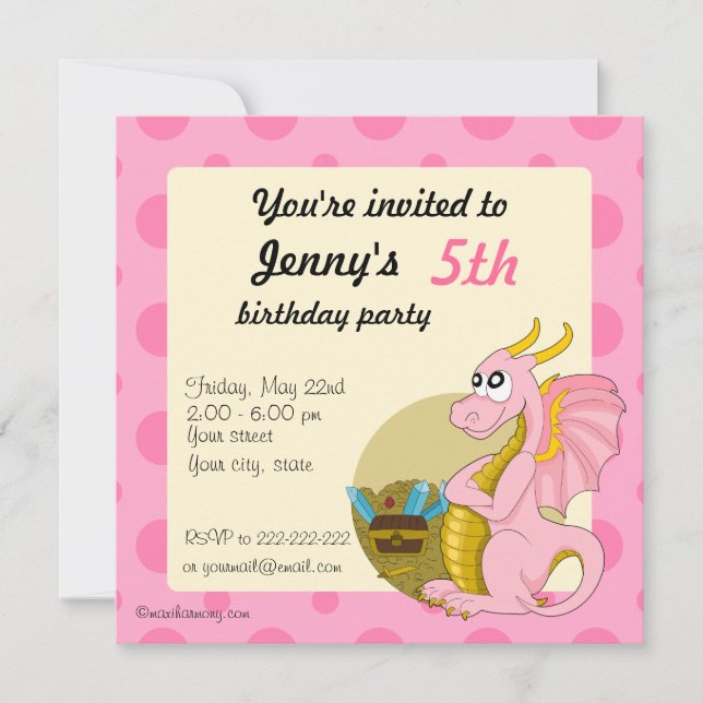 Pink dragon cartoon birthday print invitations (Front)