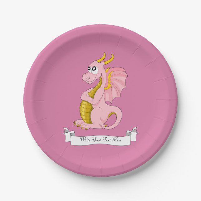 Pink dragon cartoon paper plate (Front)
