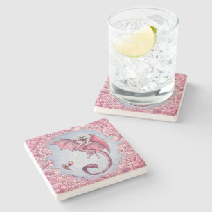 Pink Dragon of Spring Nature Fantasy Art Stone Coaster