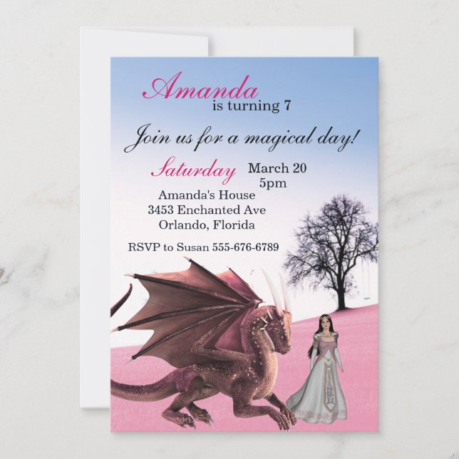Pink Dragon Princess Magical Birthday Party Invitation (Front)