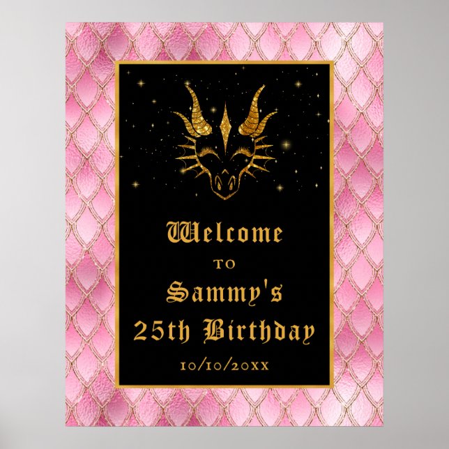 Pink Dragon Scales Gold Birthday Party Welcome Poster (Front)
