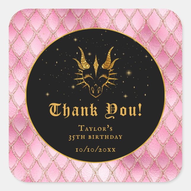 Pink Dragon Scales Gold Birthday Thank You Square Sticker (Front)