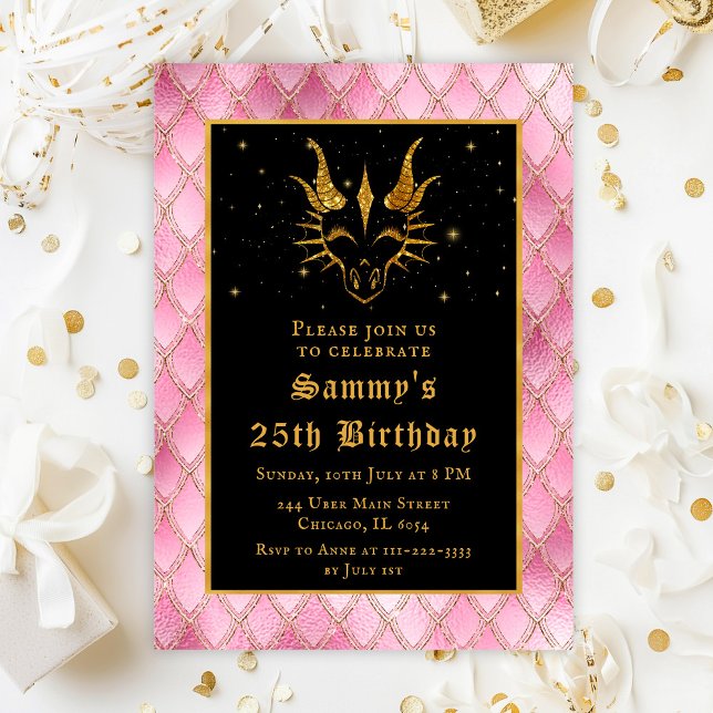 Pink Dragon Scales Gold Faux Glitter Birthday Invitation (Creator Uploaded)