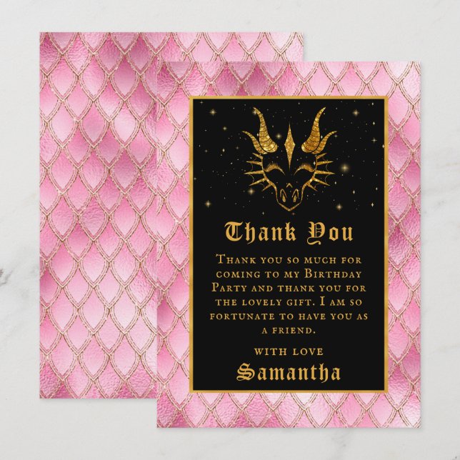 Pink Dragon Scales Gold Faux Glitter Birthday Thank You Card (Front/Back)