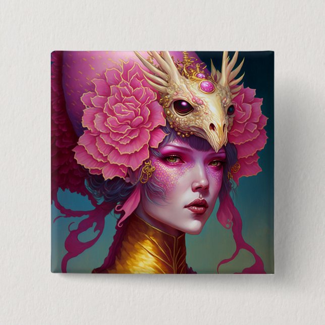 Pink Dragon Skull Woman Fantasy Art 15 Cm Square Badge (Front)