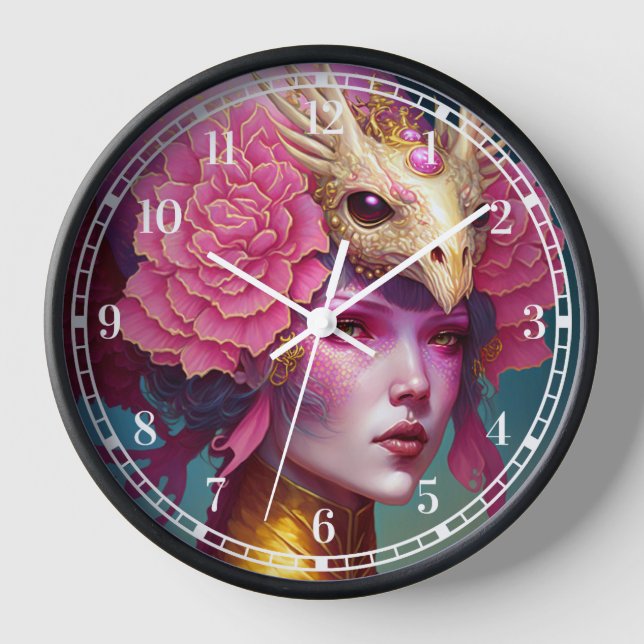 Pink Dragon Skull Woman Fantasy Art Clock (Front)