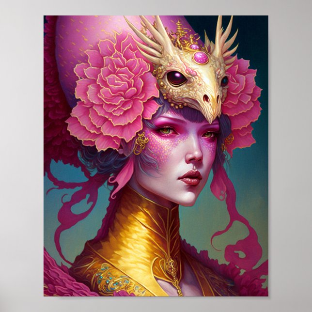Pink Dragon Skull Woman Fantasy Art Poster (Front)
