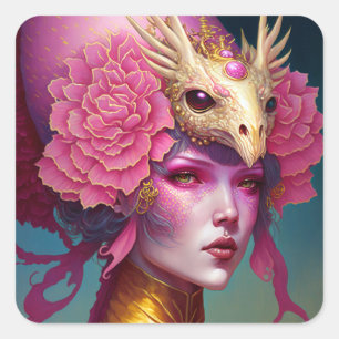 Pink Dragon Skull Woman Fantasy Art Square Sticker