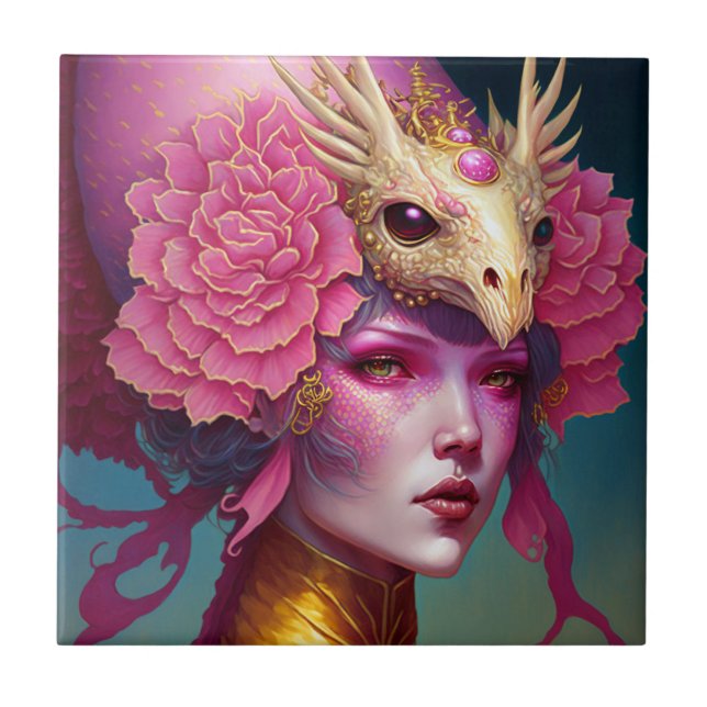 Pink Dragon Skull Woman Fantasy Art Tile (Front)