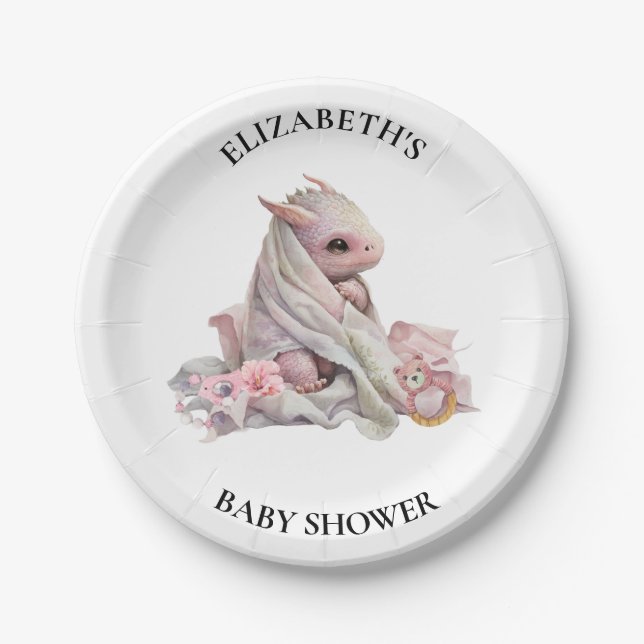 Pink Dragon Watercolor Baby Shower  Paper Plate (Front)